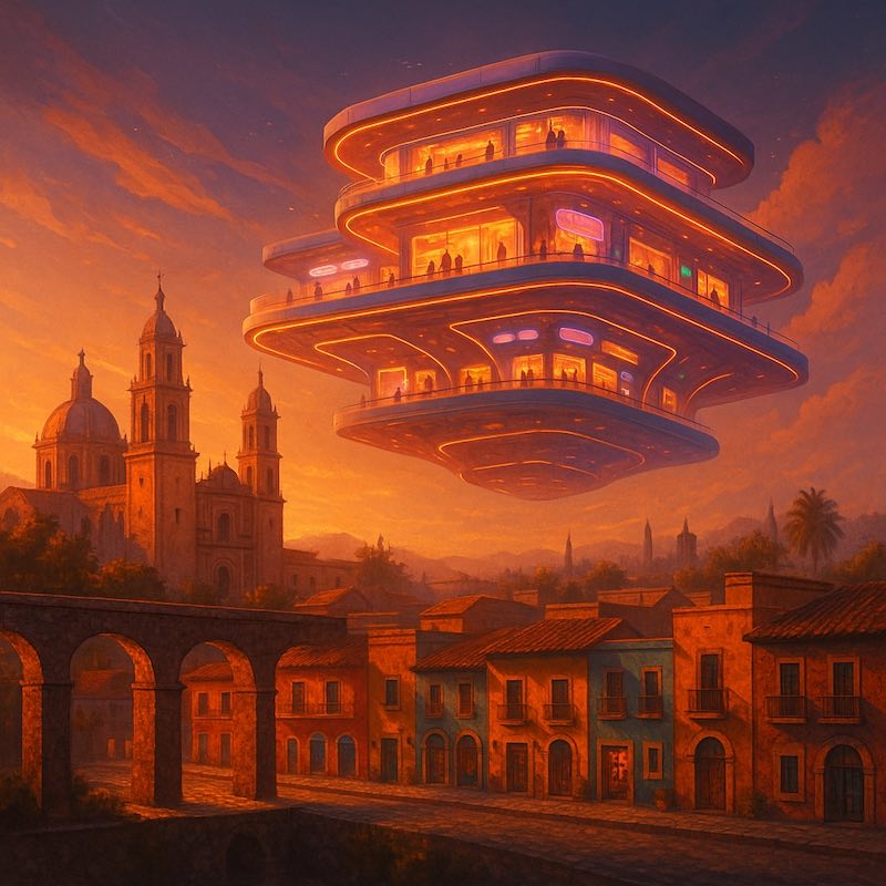 Proyecto Acambaro.com.mx: fusión del legado colonial de Acámbaro con un centro comercial virtual futurista que, en un mural digital cálido e inspirador, conecta tradición y modernidad con píxeles publicitarios permanentes.